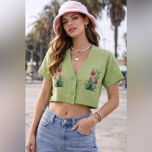Obey Cropped Green Floral Embroidered Cardigan - Y2K - Cottagecore